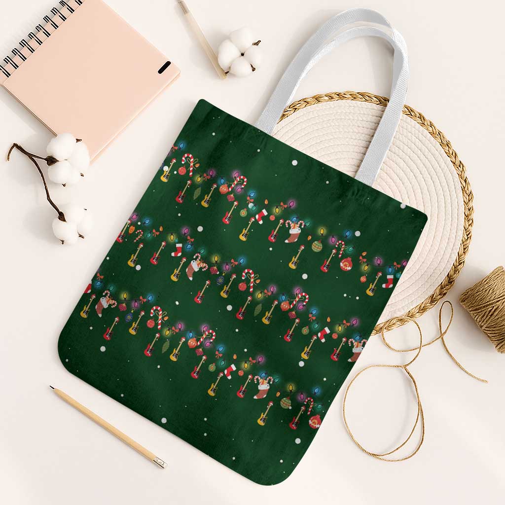 Ornaments on Green Snowy Background Tote Bag with Electric Guitars Santa Candy Canes - Wonder Print Shop