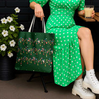 Ornaments on Green Snowy Background Tote Bag with Electric Guitars Santa Candy Canes - Wonder Print Shop