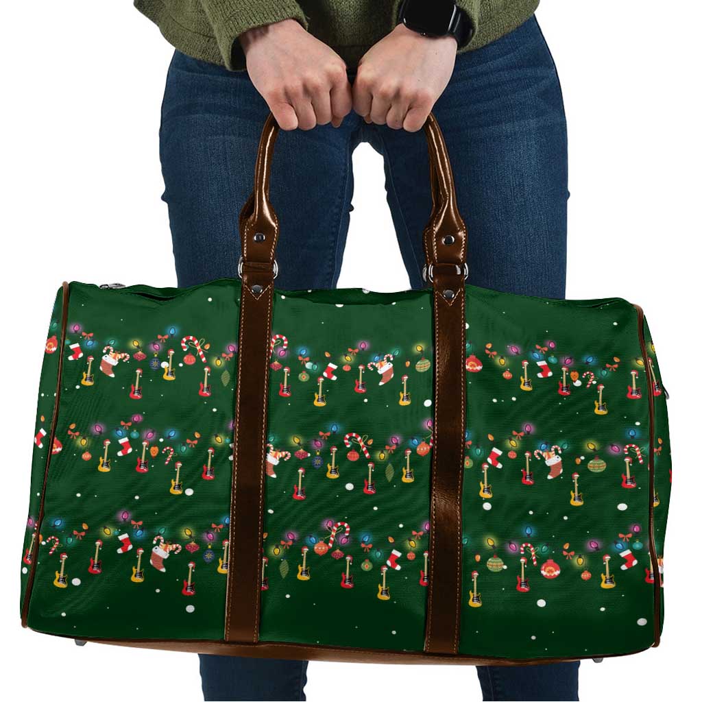 Ornaments on Green Snowy Background Travel Bag with Electric Guitars Santa Candy Canes - Wonder Print Shop