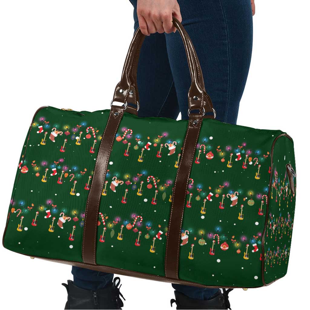 Ornaments on Green Snowy Background Travel Bag with Electric Guitars Santa Candy Canes - Wonder Print Shop