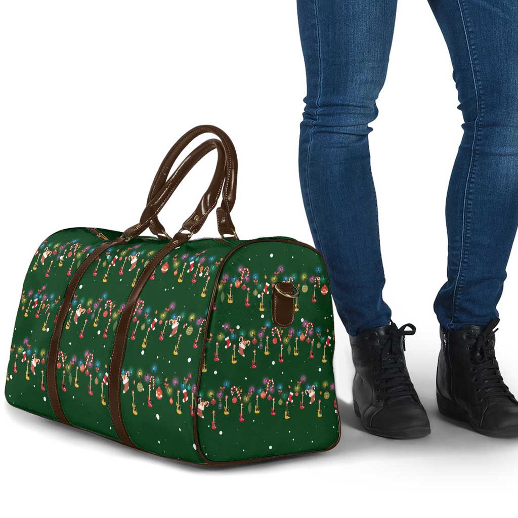 Ornaments on Green Snowy Background Travel Bag with Electric Guitars Santa Candy Canes - Wonder Print Shop
