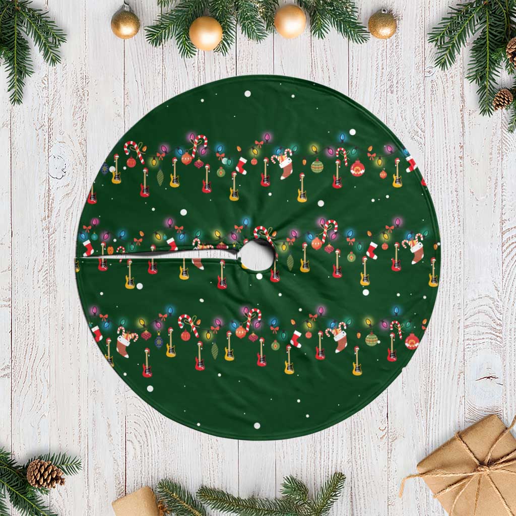 Ornaments on Green Snowy Background Tree Skirt with Electric Guitars Santa Candy Canes - Wonder Print Shop