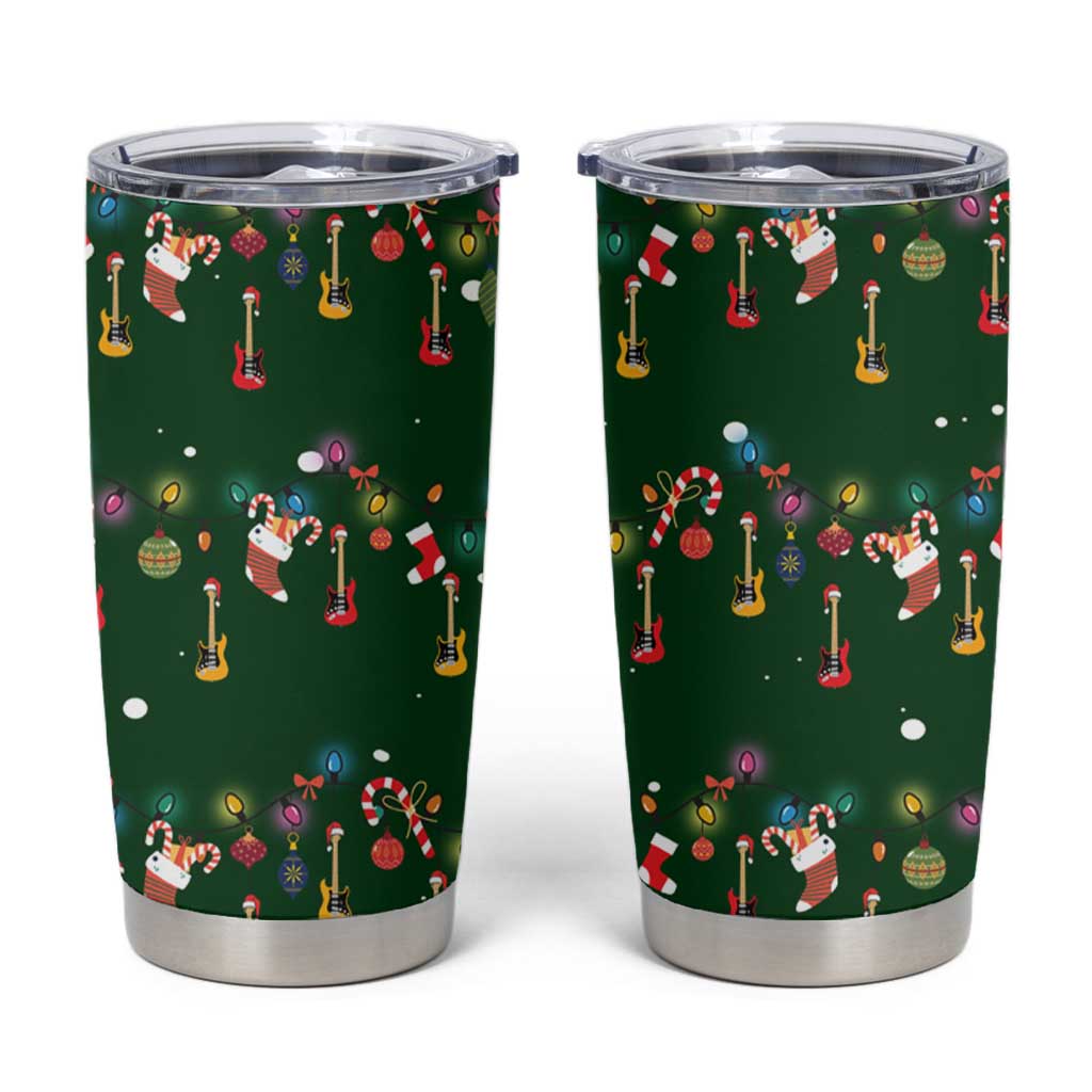 Ornaments on Green Snowy Background Tumbler Cup with Electric Guitars Santa Candy Canes - Wonder Print Shop