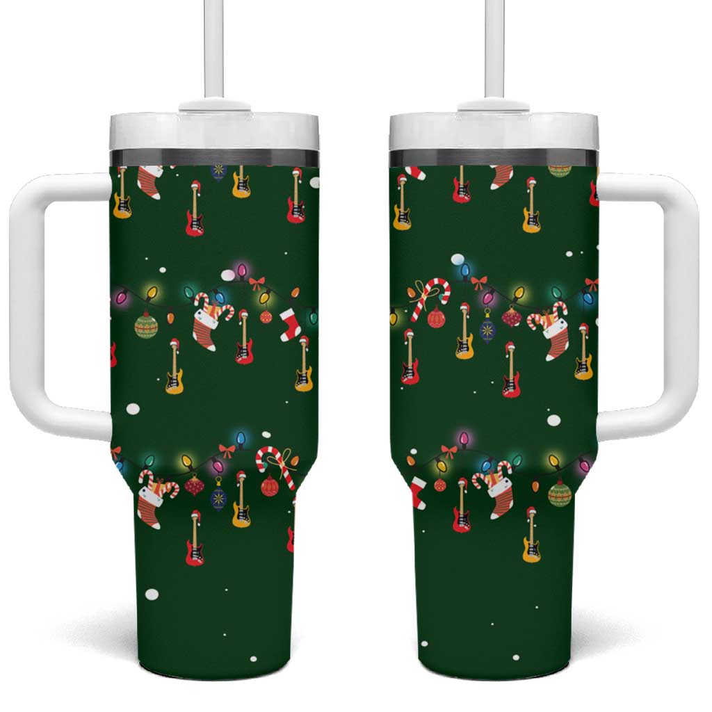 Ornaments on Green Snowy Background Tumbler With Handle with Electric Guitars Santa Candy Canes - Wonder Print Shop