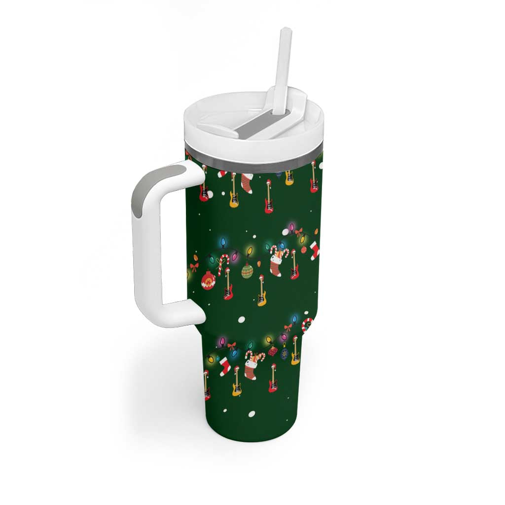 Ornaments on Green Snowy Background Tumbler With Handle with Electric Guitars Santa Candy Canes - Wonder Print Shop