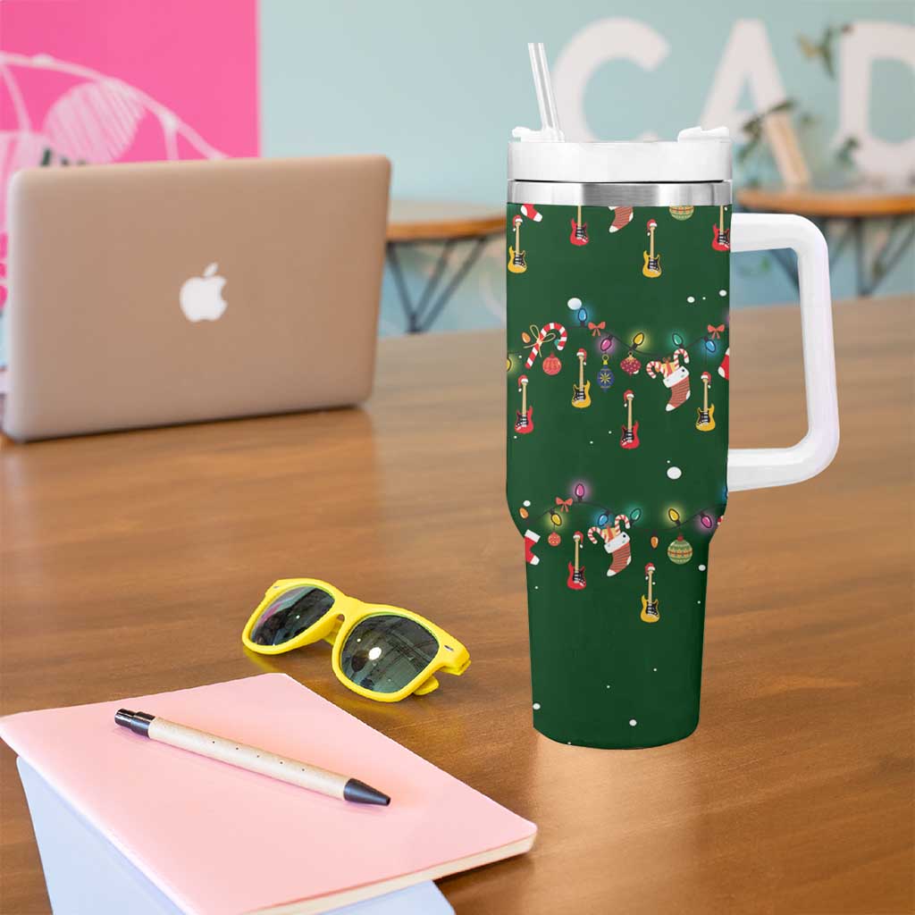 Ornaments on Green Snowy Background Tumbler With Handle with Electric Guitars Santa Candy Canes - Wonder Print Shop