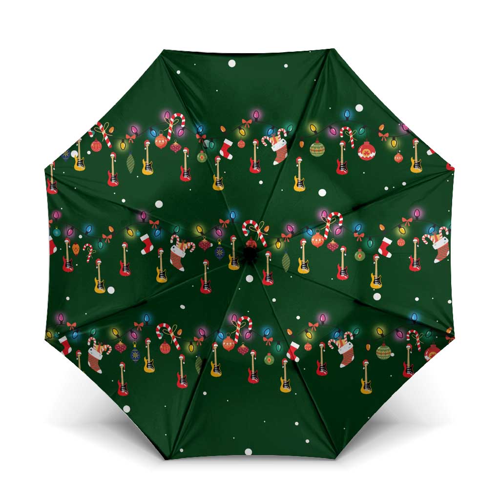 Ornaments on Green Snowy Background Umbrella with Electric Guitars Santa Candy Canes - Wonder Print Shop