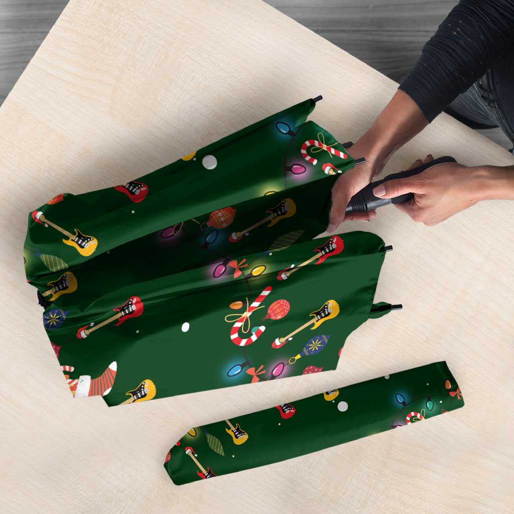 Ornaments on Green Snowy Background Umbrella with Electric Guitars Santa Candy Canes - Wonder Print Shop