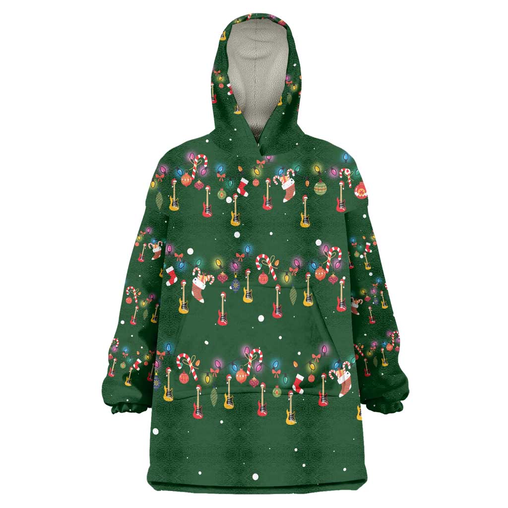 Ornaments on Green Snowy Background Wearable Blanket Hoodie with Electric Guitars Santa Candy Canes - Wonder Print Shop