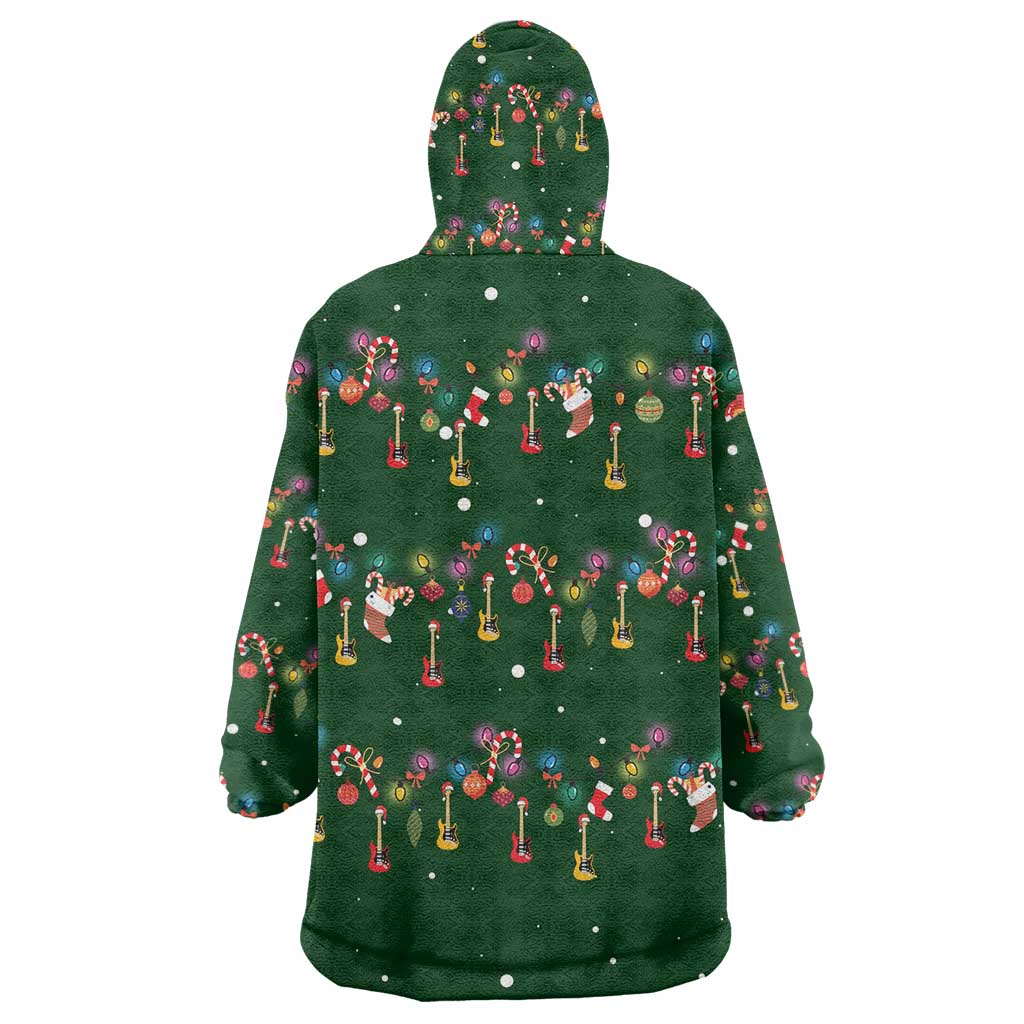 Ornaments on Green Snowy Background Wearable Blanket Hoodie with Electric Guitars Santa Candy Canes - Wonder Print Shop