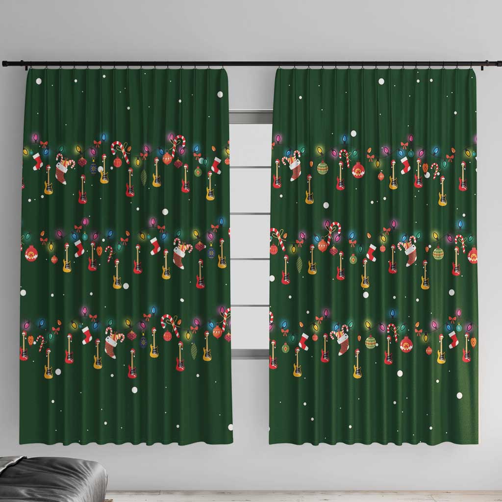 Ornaments on Green Snowy Background Window Curtain with Electric Guitars Santa Candy Canes - Wonder Print Shop
