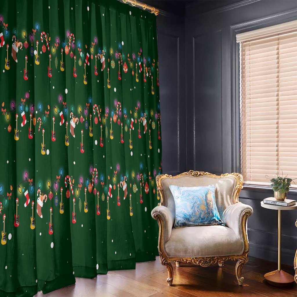 Ornaments on Green Snowy Background Window Curtain with Electric Guitars Santa Candy Canes - Wonder Print Shop