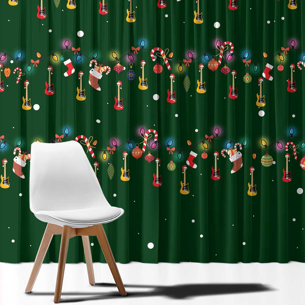 Ornaments on Green Snowy Background Window Curtain with Electric Guitars Santa Candy Canes - Wonder Print Shop