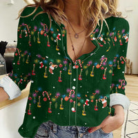 Ornaments on Green Snowy Background Women Casual Shirt with Electric Guitars Santa Candy Canes - Wonder Print Shop