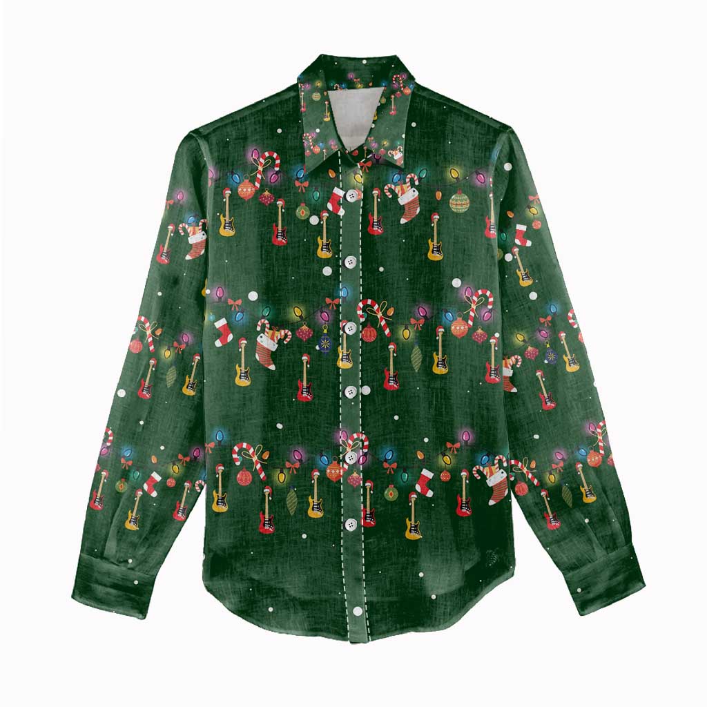 Ornaments on Green Snowy Background Women Casual Shirt with Electric Guitars Santa Candy Canes - Wonder Print Shop