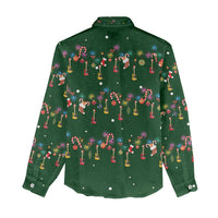 Ornaments on Green Snowy Background Women Casual Shirt with Electric Guitars Santa Candy Canes - Wonder Print Shop