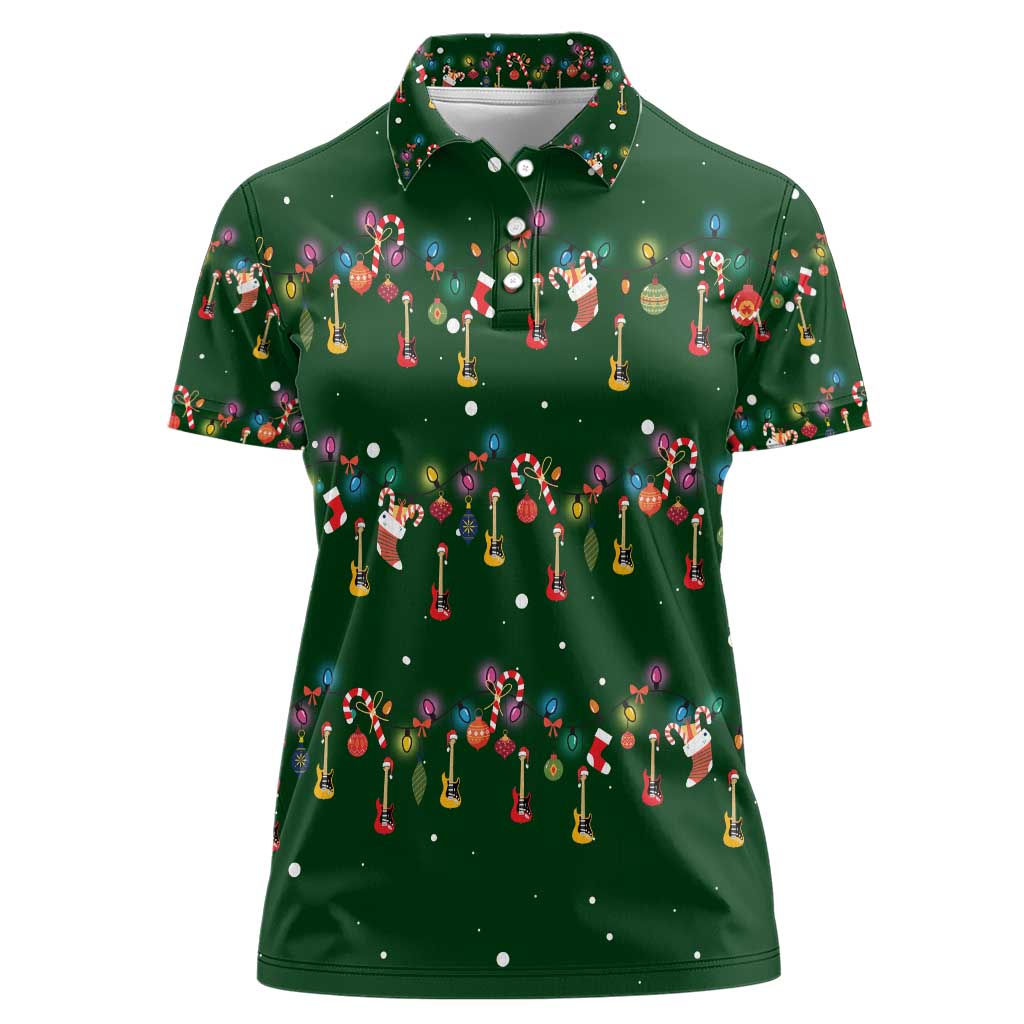 Ornaments on Green Snowy Background Women Polo Shirt with Electric Guitars Santa Candy Canes - Wonder Print Shop