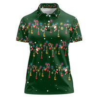 Ornaments on Green Snowy Background Women Polo Shirt with Electric Guitars Santa Candy Canes - Wonder Print Shop