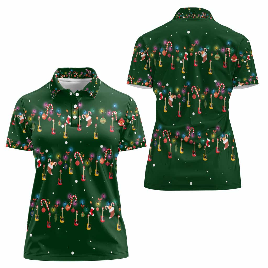 Ornaments on Green Snowy Background Women Polo Shirt with Electric Guitars Santa Candy Canes - Wonder Print Shop