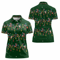 Ornaments on Green Snowy Background Women Polo Shirt with Electric Guitars Santa Candy Canes - Wonder Print Shop