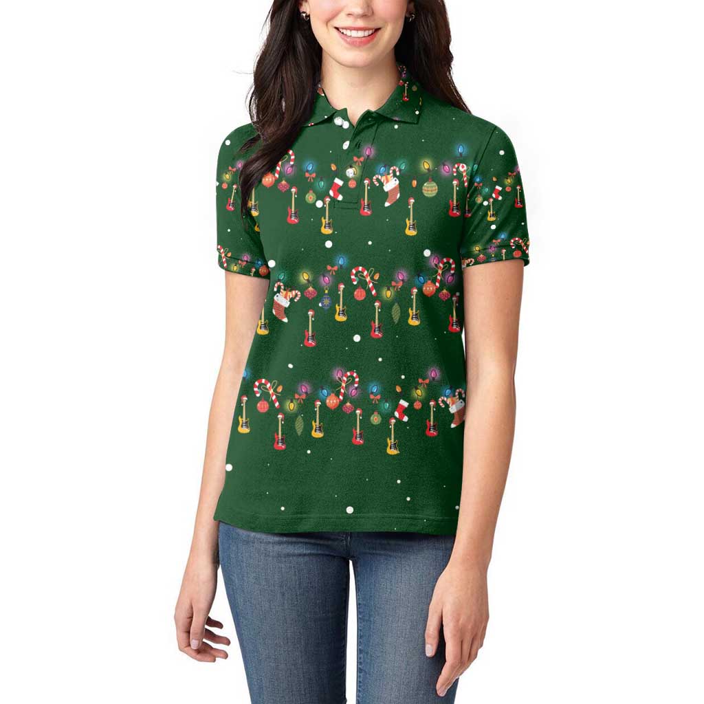 Ornaments on Green Snowy Background Women Polo Shirt with Electric Guitars Santa Candy Canes - Wonder Print Shop