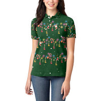 Ornaments on Green Snowy Background Women Polo Shirt with Electric Guitars Santa Candy Canes - Wonder Print Shop