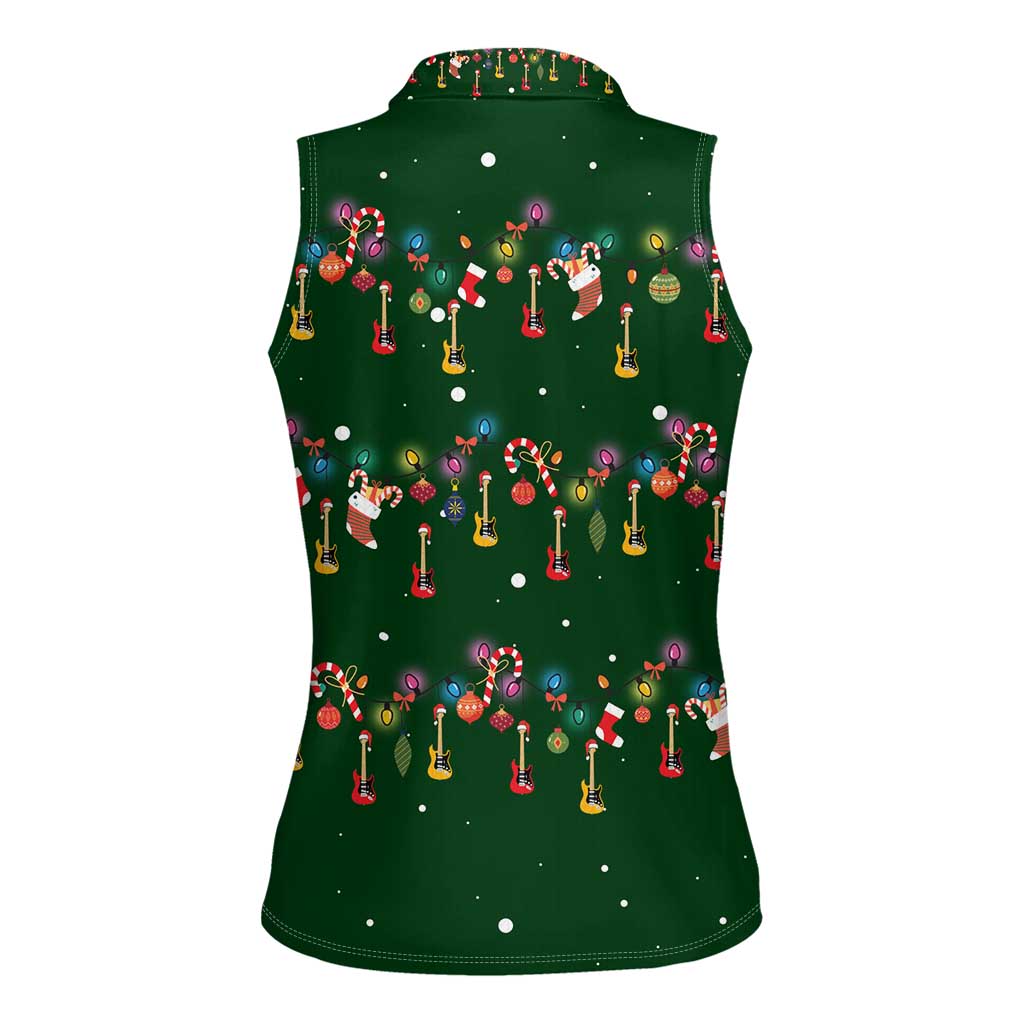 Ornaments on Green Snowy Background Women Sleeveless Polo Shirt with Electric Guitars Santa Candy Canes - Wonder Print Shop