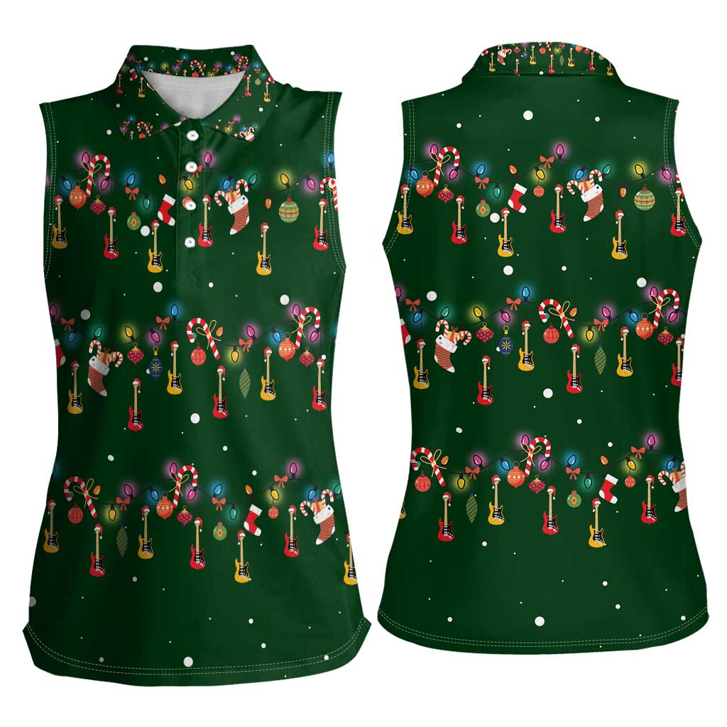 Ornaments on Green Snowy Background Women Sleeveless Polo Shirt with Electric Guitars Santa Candy Canes - Wonder Print Shop