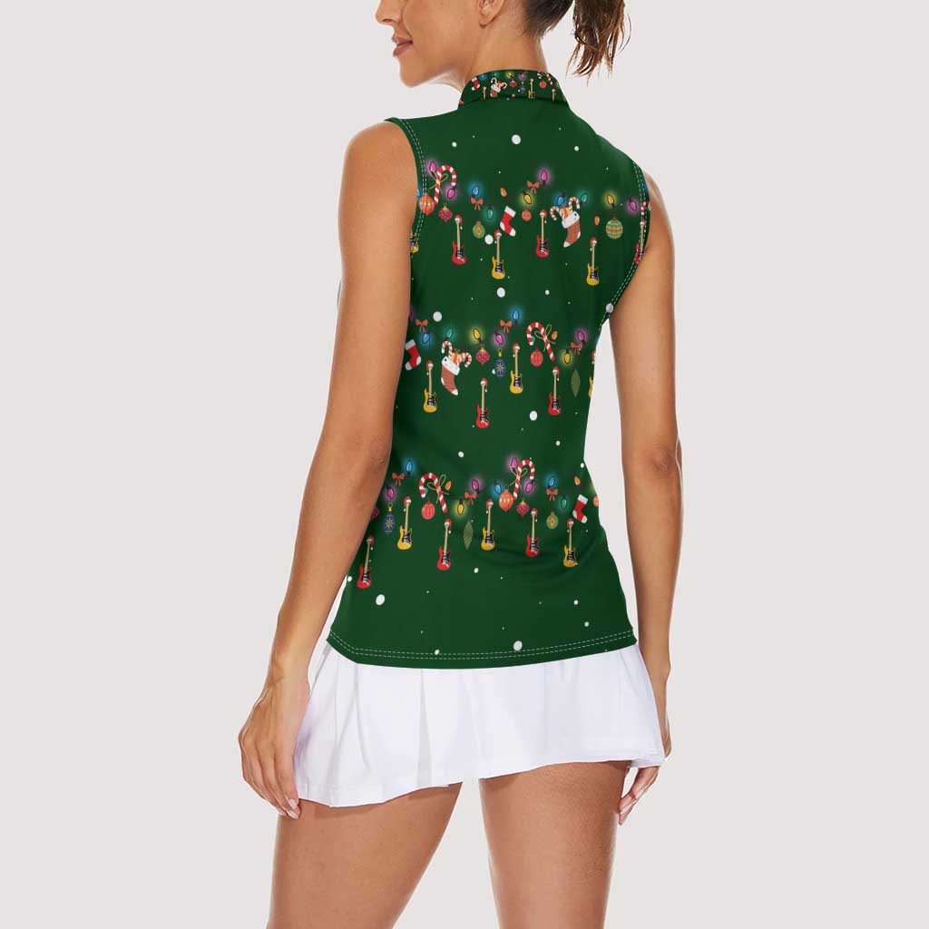 Ornaments on Green Snowy Background Women Sleeveless Polo Shirt with Electric Guitars Santa Candy Canes - Wonder Print Shop