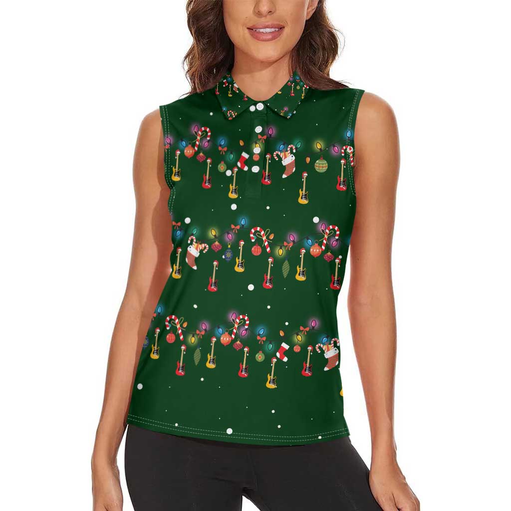 Ornaments on Green Snowy Background Women Sleeveless Polo Shirt with Electric Guitars Santa Candy Canes - Wonder Print Shop