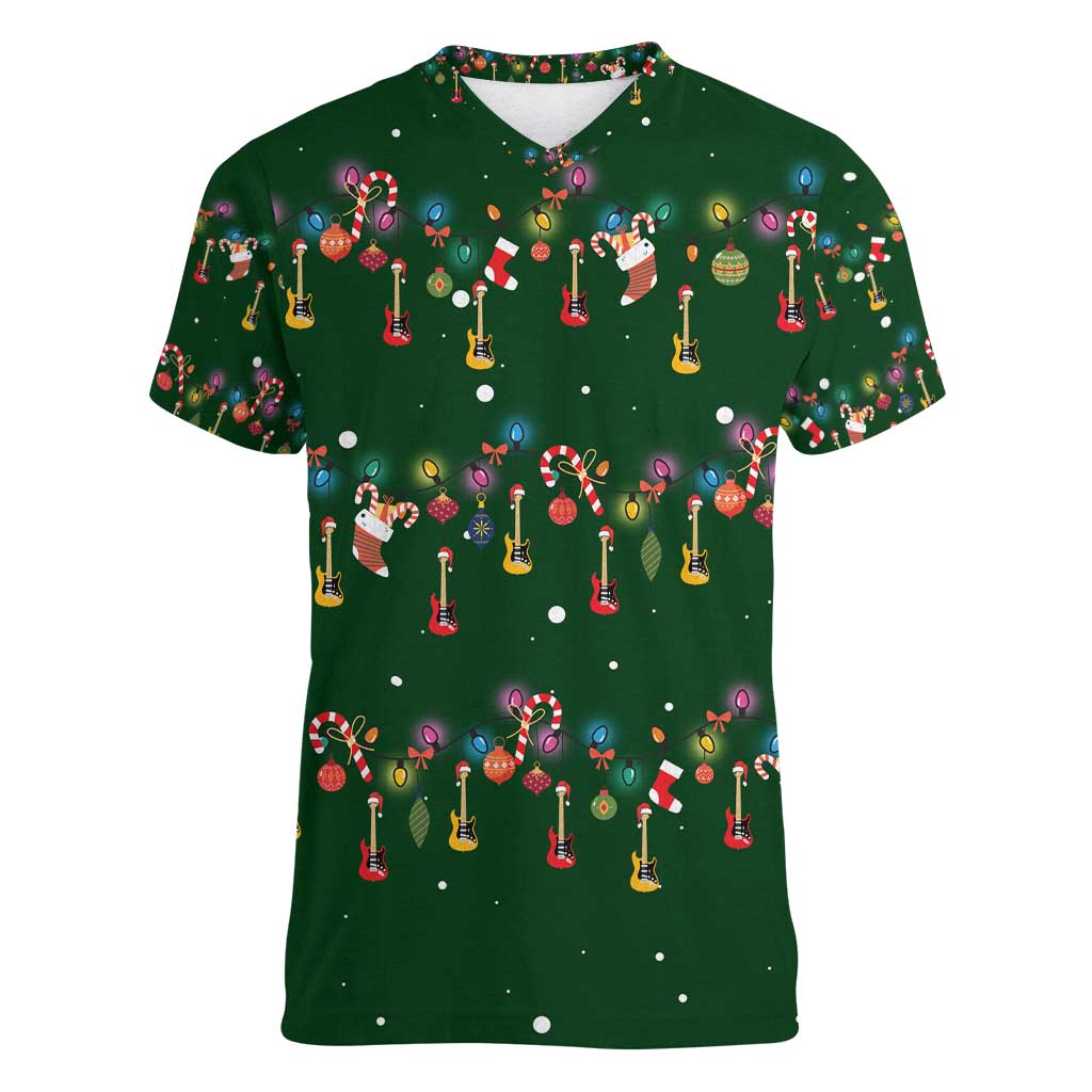 Ornaments on Green Snowy Background Women V-Neck T-Shirt with Electric Guitars Santa Candy Canes - Wonder Print Shop