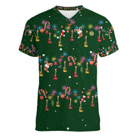Ornaments on Green Snowy Background Women V-Neck T-Shirt with Electric Guitars Santa Candy Canes - Wonder Print Shop