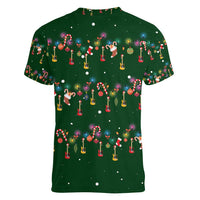 Ornaments on Green Snowy Background Women V-Neck T-Shirt with Electric Guitars Santa Candy Canes - Wonder Print Shop