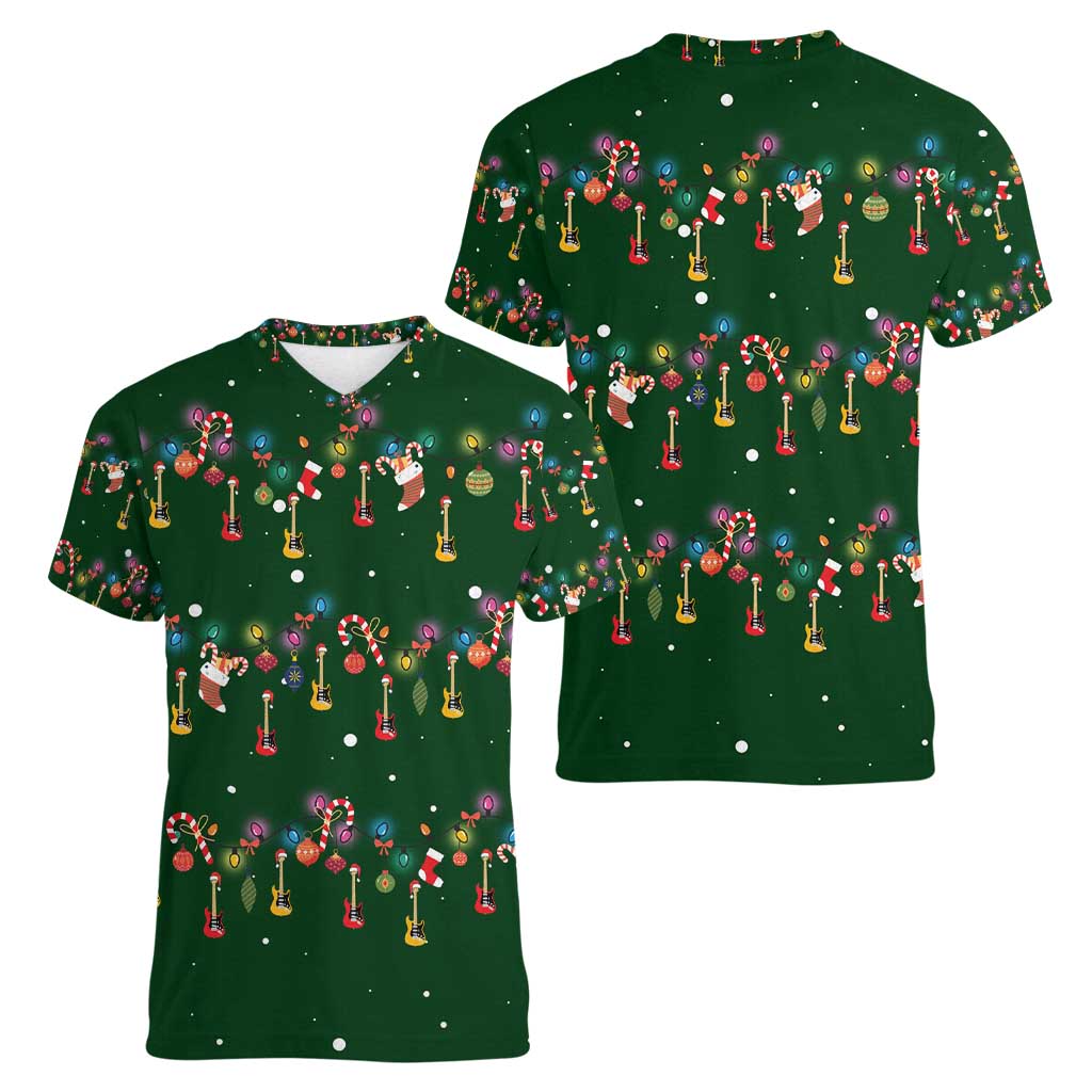 Ornaments on Green Snowy Background Women V-Neck T-Shirt with Electric Guitars Santa Candy Canes - Wonder Print Shop