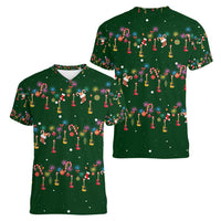 Ornaments on Green Snowy Background Women V-Neck T-Shirt with Electric Guitars Santa Candy Canes - Wonder Print Shop