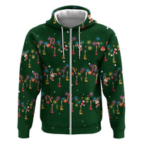 Ornaments on Green Snowy Background Zip Hoodie with Electric Guitars Santa Candy Canes - Wonder Print Shop