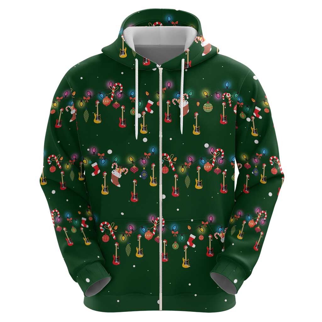 Ornaments on Green Snowy Background Zip Hoodie with Electric Guitars Santa Candy Canes - Wonder Print Shop