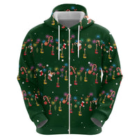 Ornaments on Green Snowy Background Zip Hoodie with Electric Guitars Santa Candy Canes - Wonder Print Shop