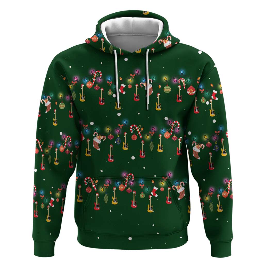 Ornaments on Green Snowy Background Zip Hoodie with Electric Guitars Santa Candy Canes - Wonder Print Shop