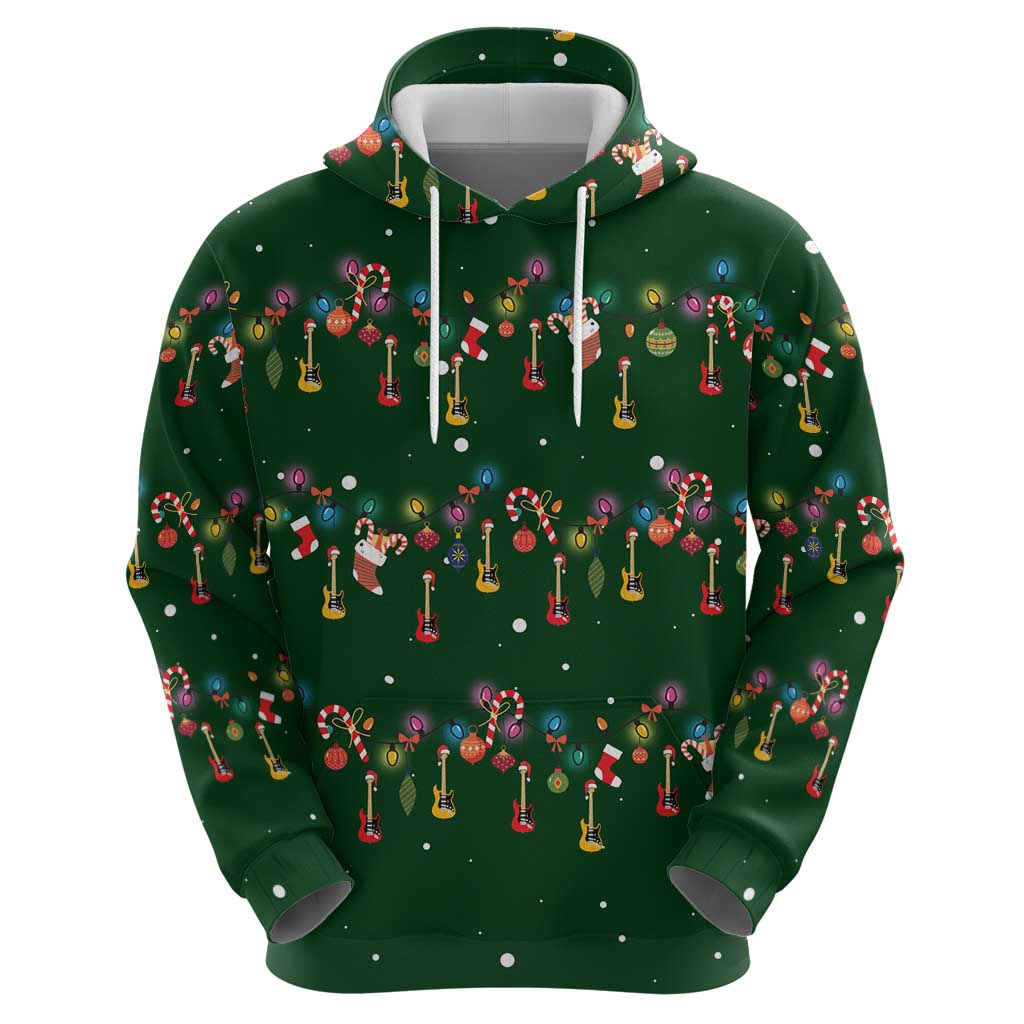Ornaments on Green Snowy Background Zip Hoodie with Electric Guitars Santa Candy Canes - Wonder Print Shop