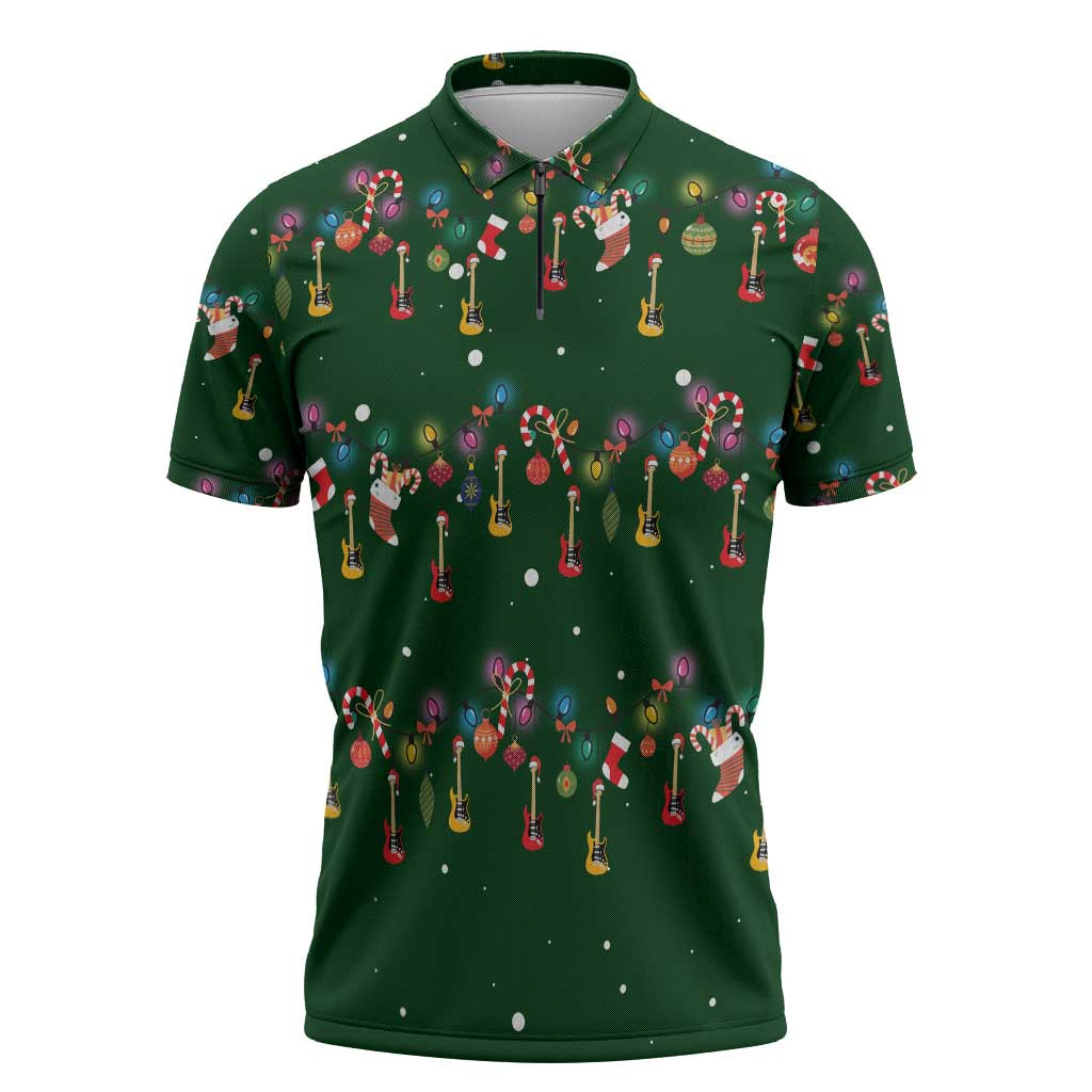 Ornaments on Green Snowy Background Zipper Polo Shirt with Electric Guitars Santa Candy Canes - Wonder Print Shop