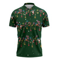 Ornaments on Green Snowy Background Zipper Polo Shirt with Electric Guitars Santa Candy Canes - Wonder Print Shop