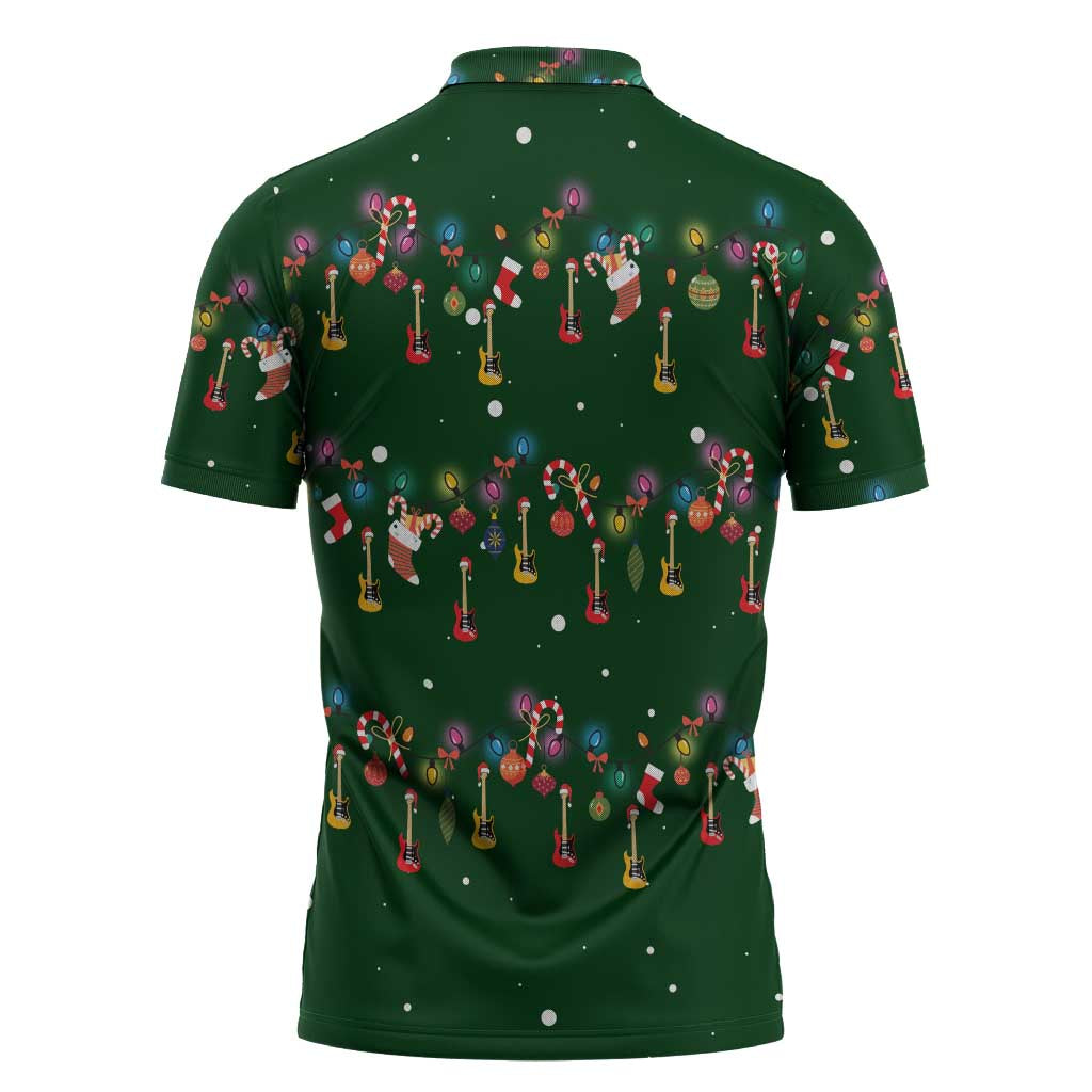 Ornaments on Green Snowy Background Zipper Polo Shirt with Electric Guitars Santa Candy Canes - Wonder Print Shop