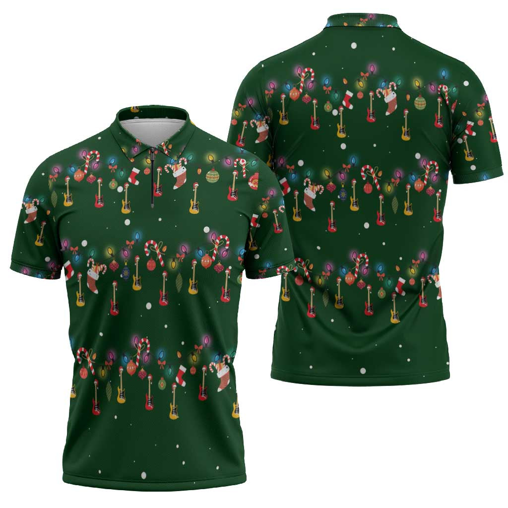 Ornaments on Green Snowy Background Zipper Polo Shirt with Electric Guitars Santa Candy Canes - Wonder Print Shop