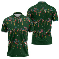 Ornaments on Green Snowy Background Zipper Polo Shirt with Electric Guitars Santa Candy Canes - Wonder Print Shop