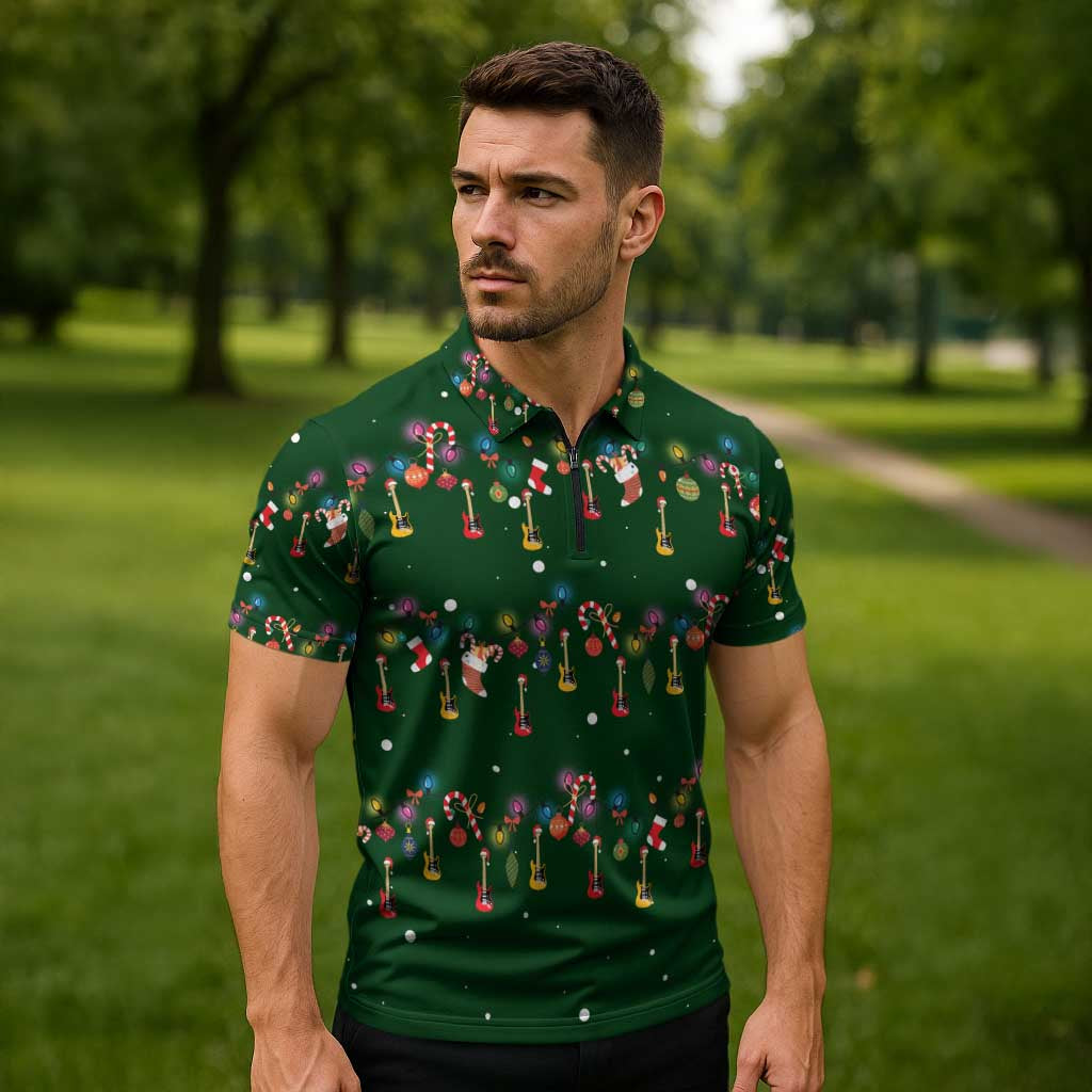Ornaments on Green Snowy Background Zipper Polo Shirt with Electric Guitars Santa Candy Canes - Wonder Print Shop