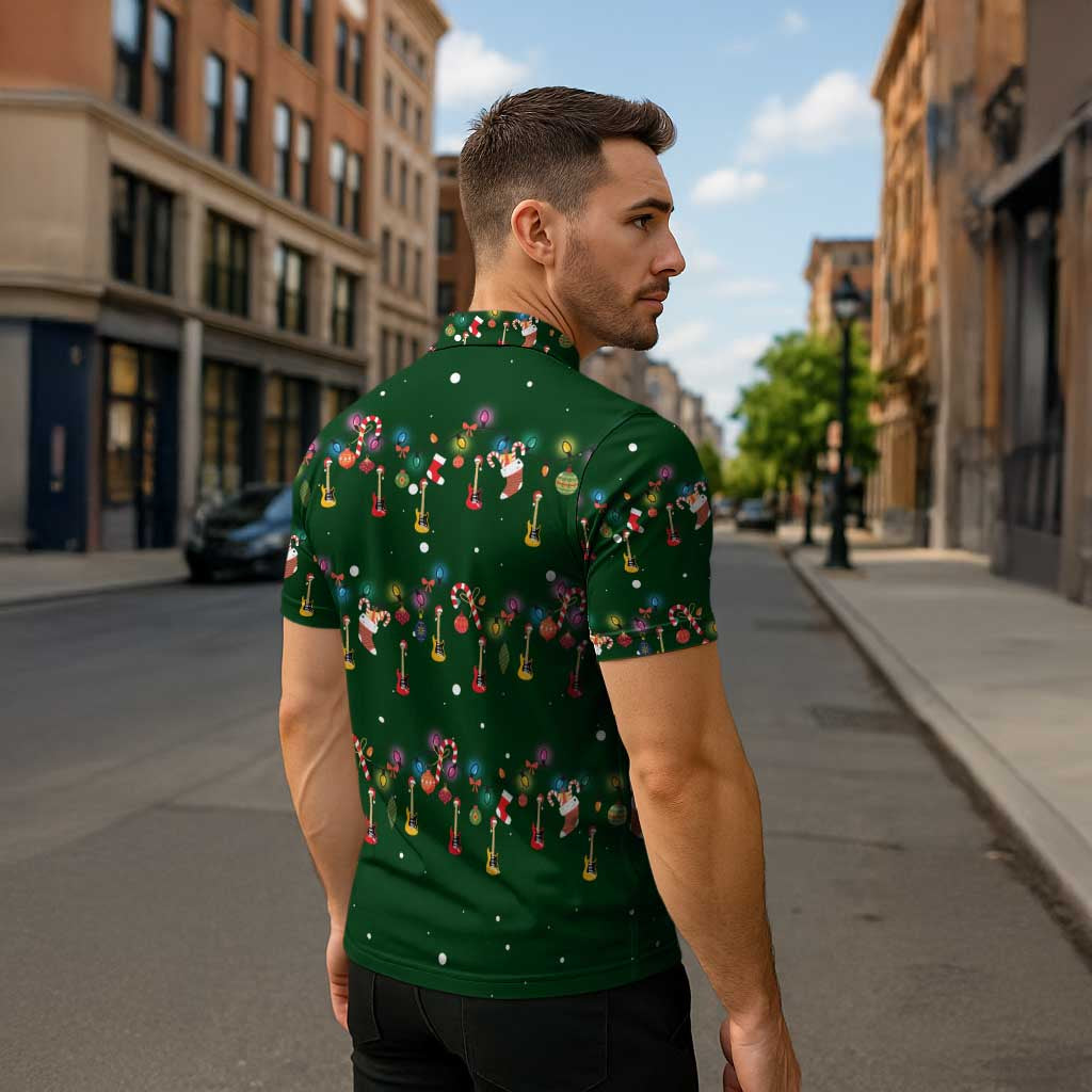 Ornaments on Green Snowy Background Zipper Polo Shirt with Electric Guitars Santa Candy Canes - Wonder Print Shop