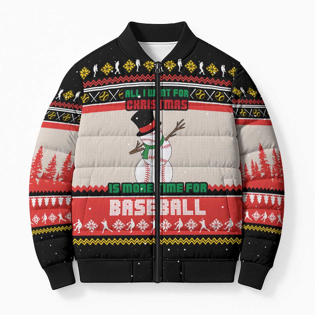 Is More Time for Baseball Design Bomber Puffer Jacket with Baseball Snowman All I Want for Christmas - Wonder Print Shop