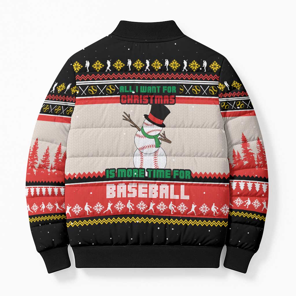 Is More Time for Baseball Design Bomber Puffer Jacket with Baseball Snowman All I Want for Christmas - Wonder Print Shop