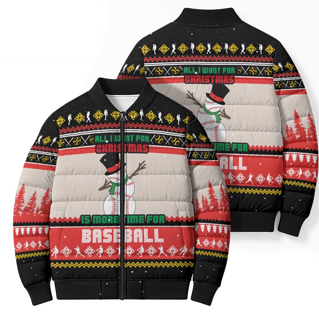 Is More Time for Baseball Design Bomber Puffer Jacket with Baseball Snowman All I Want for Christmas - Wonder Print Shop